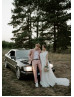 Strapless Ivory Satin Tulle Slit Wedding Dress With Big Bow